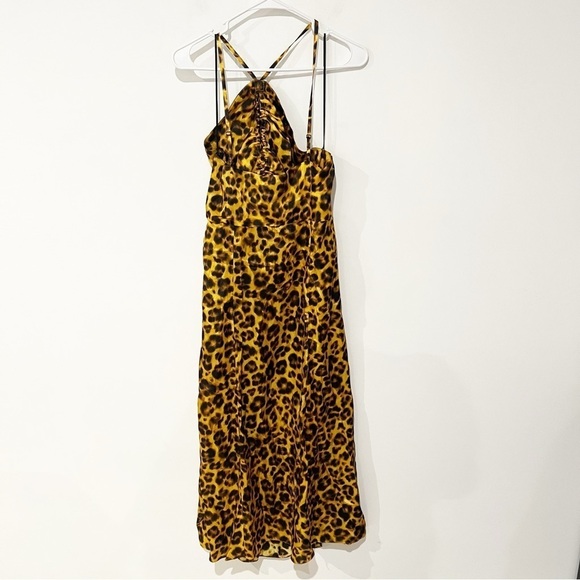 NWT SANDRO Kalinda Leopard Animal Print Slit Cut Out Tie Neck Satiny Dress 38 - Picture 11 of 15